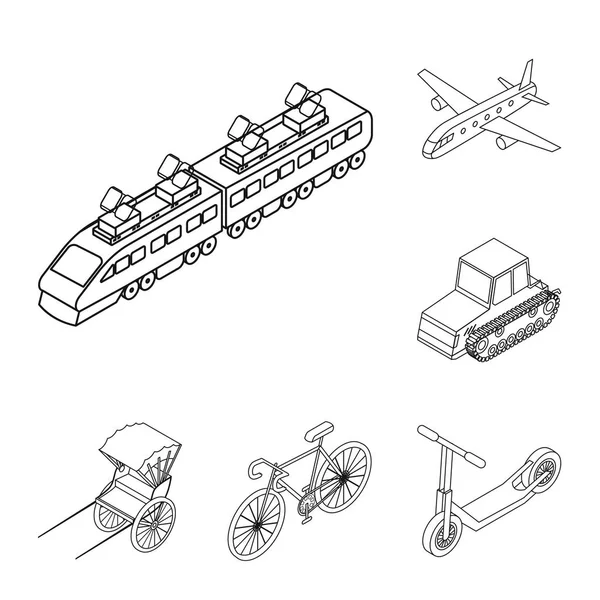 Различные типы иконок контуров транспорта в наборе для проектирования. Иллюстрация на сайте с изометрическими векторными символами автомобилей и кораблей . — стоковый вектор