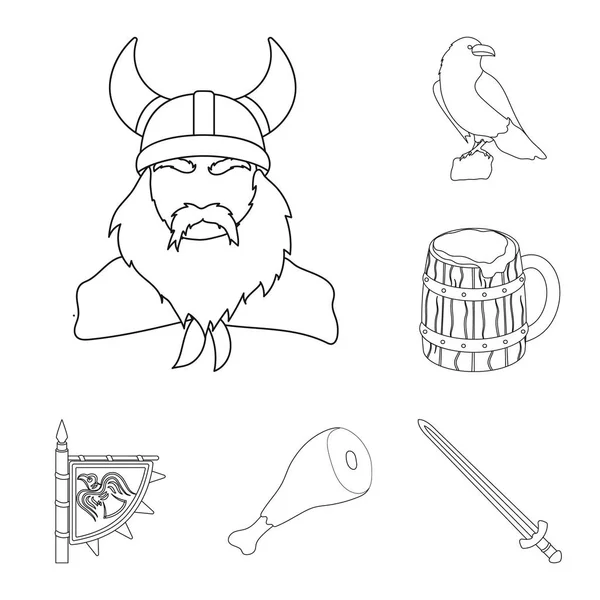 Vikinger og attributter skitserer ikoner i sæt kollektion til design.Old Norse Warrior vektor symbol lager web illustration . – Stock-vektor