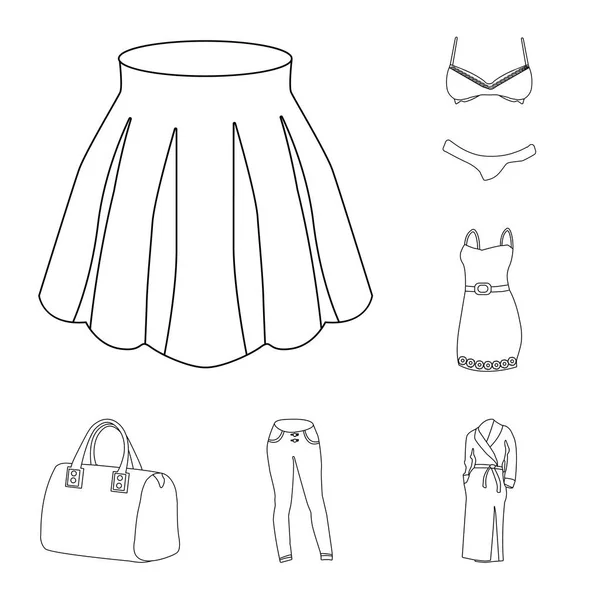 Frauen Kleidung umreißen Symbole in Set-Kollektion für Design. Kleidung Sorten und Accessoires Vektor-Symbol Stock Web-Illustration. — Stockvektor