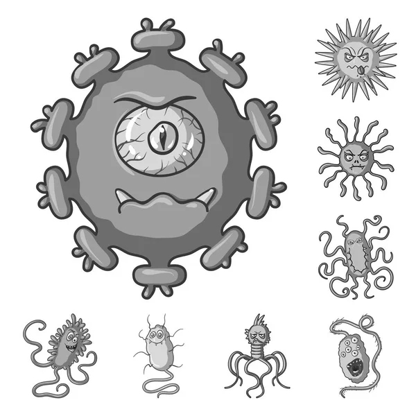 Jenis Ikon Monokrom Mikroba Lucu Dalam Koleksi Set Untuk Desain - Stok Vektor