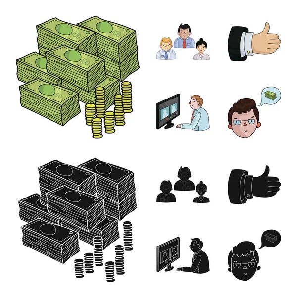 만화, 블랙 스타일 벡터 기호 재고 일러스트 레이 션 웹에서 화상 회의 비즈니스 생각, okay.Bizneskonferentsiya와 협상의 배지 설정 컬렉션 아이콘. — 스톡 벡터