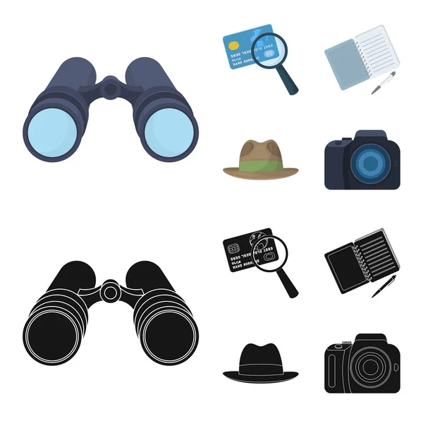 Câmera, lupa, chapéu, notebook com caneta. Detetive conjunto coleção ícones em desenho animado, estilo preto símbolo vetorial estoque ilustração web . — Vetor de Stock