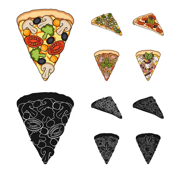 En bit pizza med olika ingredienser. Olika pizza som samling ikoner i tecknad, svart stil vektor symbol stock illustration web. — Stock vektor