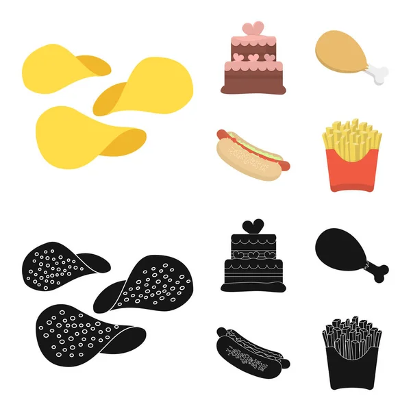 Pastel, jamón, hot dog, papas fritas. Iconos de colección de comida rápida en dibujos animados, negro estilo vector símbolo stock ilustración web . — Archivo Imágenes Vectoriales