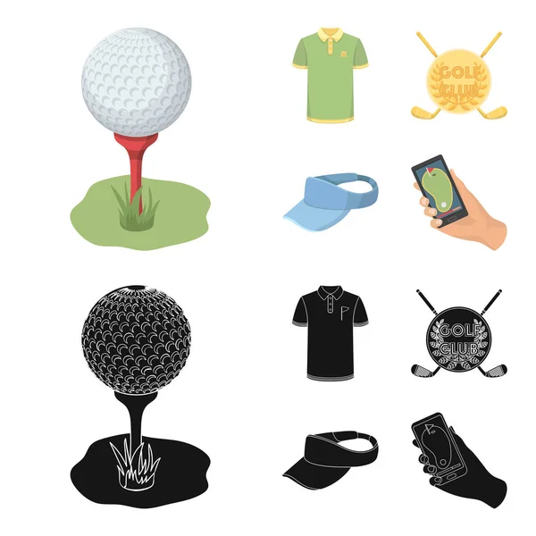 Golf club, güneşlik, golfçü gömlek, telefon bir navigator ile kap arması. Golf Kulübü çizgi film, siyah stil vektör simge stok çizim web simgeler ayarla.