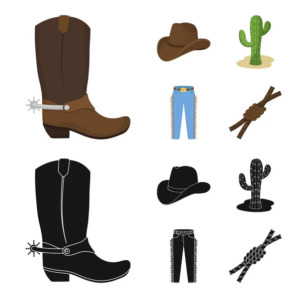 Hoed, cactus, jeans, knoop op de lasso. Rodeo instellen collectie iconen in de tekenfilm, zwarte stijl vector symbool stock illustratie web. — Stockvector