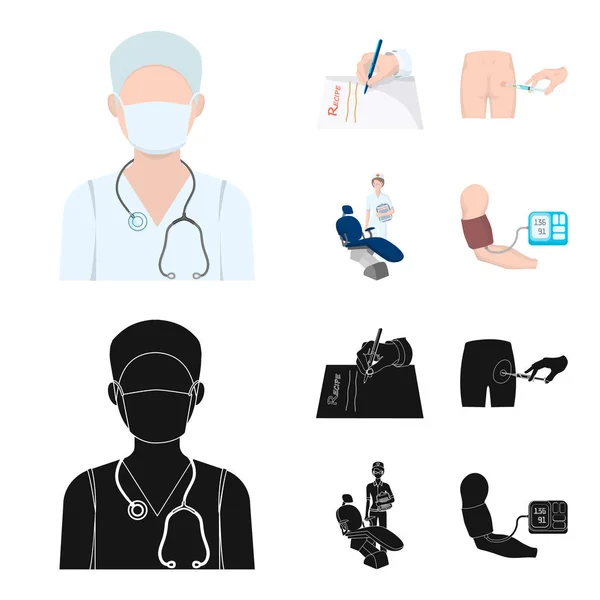 Intramusculaire injectie, recept, tandarts, bloeddruk meting. Medicineset collectie iconen in de tekenfilm, zwarte stijl vector symbool stock illustratie web. — Stockvector