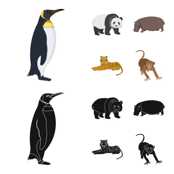 Bambus, hipopotam, dzikie zwierzęta Tygrys, małpa. Dzikie zwierzę zestaw kolekcji ikon w kreskówce, czarny styl wektor symbol ilustracji w sieci web. — Wektor stockowy