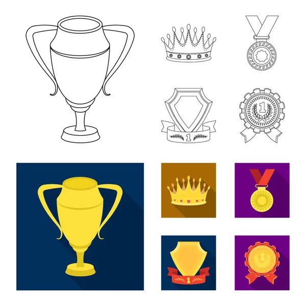 Una copa de plata, una corona de oro con diamantes, una medalla del laureado, un signo de oro con una cinta roja. Premios y trofeos establecen iconos de la colección en el contorno, el estilo plano símbolo vectorial stock ilustración web . — Vector de stock