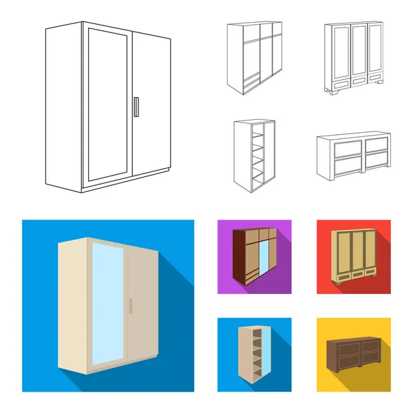 Armario con espejo, armario, estanterías con entrepisos. Dormitorio muebles conjunto colección iconos en el contorno, vector de estilo plano símbolo stock ilustración web . — Archivo Imágenes Vectoriales