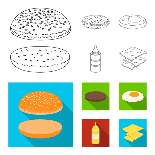 Burger und Zutaten umreißen, flache Symbole in Set-Kollektion für Design. Burger Kochen Vektor Symbol Lager Web-Illustration. — Stockvektor