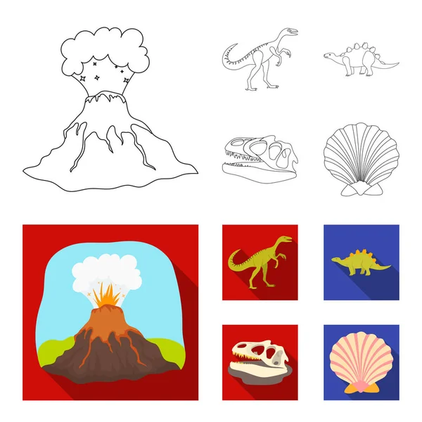 Erupción volcánica, gallimimus, stegosaurus, cráneo de dinosaurio. Dinosaurio y período prehistórico conjunto de iconos de colección en el contorno, plano estilo vector símbolo stock ilustración web . — Archivo Imágenes Vectoriales