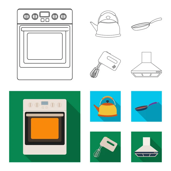 Esquema de equipo de cocina, iconos planos en la colección de conjuntos para el diseño. Cocina y accesorios vector símbolo stock web ilustración . — Vector de stock