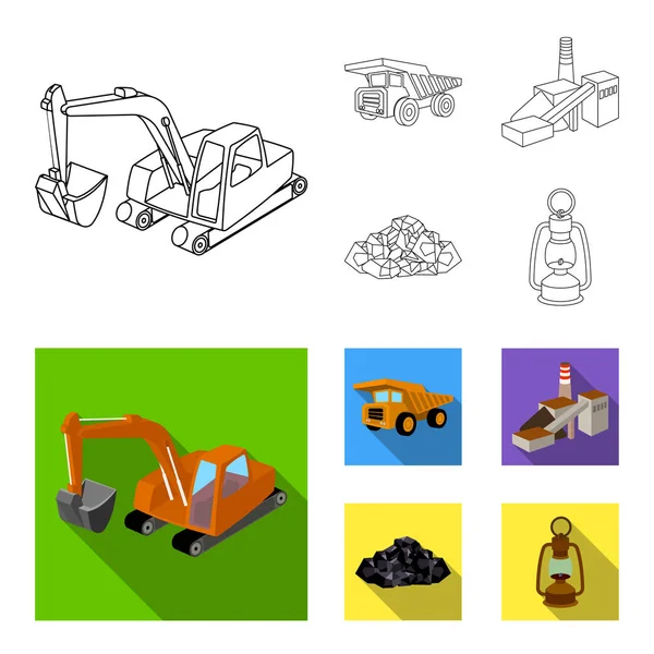 Bagger, Dumper, Verarbeitungsanlage, Mineralien und ore.mining industrie set collection icons in outline, flat style vektor symbol stock illustration web. — Stockvektor