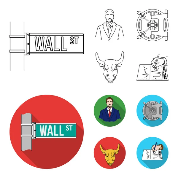 Wall Street, um homem de negócios, um cofre do banco, um touro de ouro. Dinheiro e finanças conjunto ícones de coleta em esboço, estilo plano símbolo vetorial estoque ilustração web . — Vetor de Stock