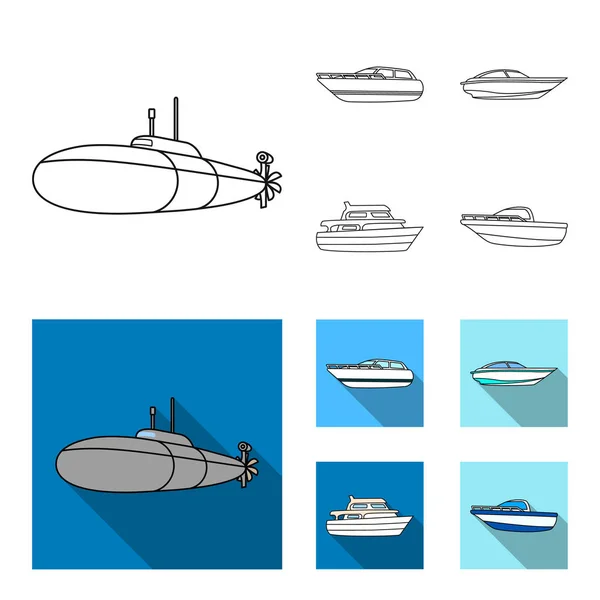 A military submarine, a speedboat, a pleasure boat and a spirit boat.Ships and water transport set collection icons in outline,flat style vector symbol stock illustration web. — Stock Vector