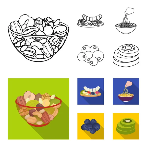 Surtido de frutos secos, frutas y otros alimentos. Conjunto de alimentos colección iconos en el contorno, plano estilo vector símbolo stock ilustración web . — Vector de stock