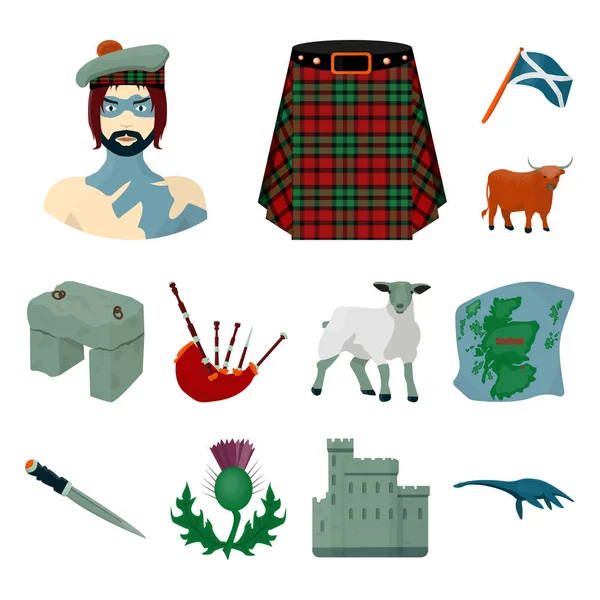 Ország Skócia rajzfilm ikonok beállítása gyűjtemény design. Városnézés, kultúra és hagyomány vektor szimbólum állomány honlap illusztráció. — Stock Vector