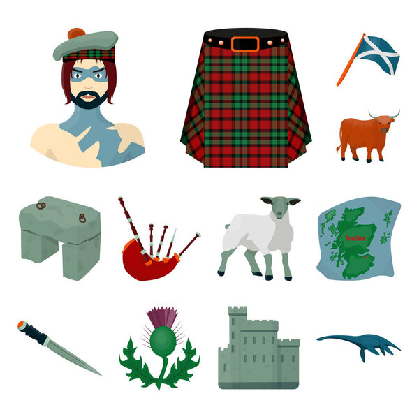 Country Scotland cartoon icons in set collection for design. Sightseeing, culture and tradition vector symbol stock web illustration.