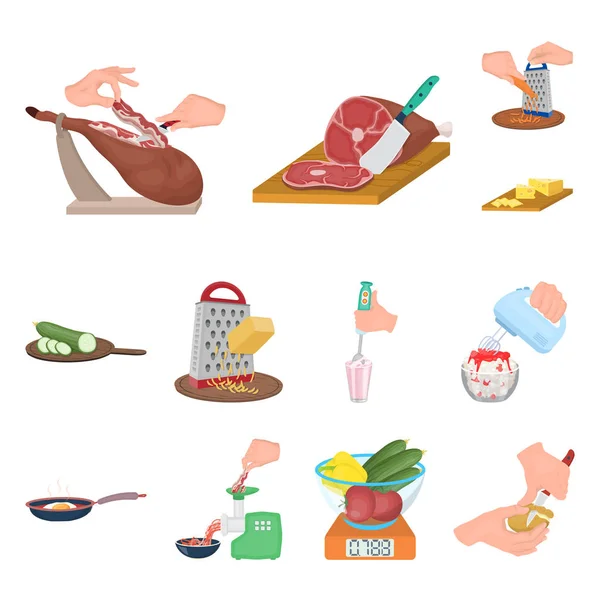 Cocinar alimentos iconos de dibujos animados en la colección de conjuntos para el diseño. Cocina, equipo y herramientas vector símbolo stock web ilustración . — Vector de stock