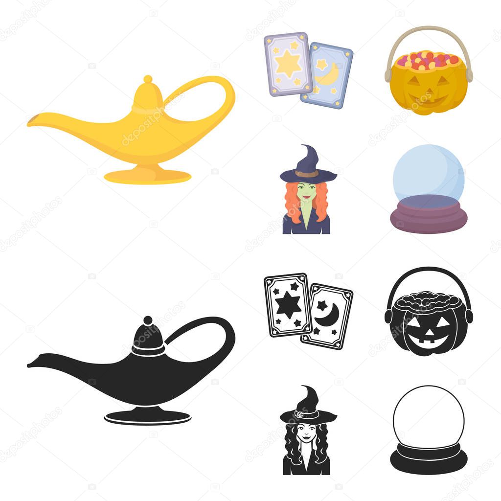 Tarot cards, holiday halloween, magician in a hat, crystal ball.Black and white magic set collection icons in cartoon,black style vector symbol stock illustration .