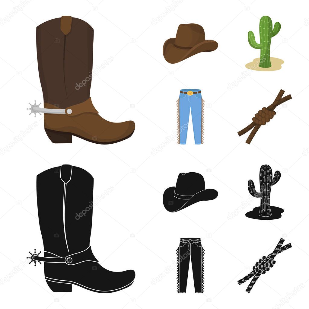 Hat, cactus, jeans, knot on the lasso. Rodeo set collection icons in cartoon,black style vector symbol stock illustration .