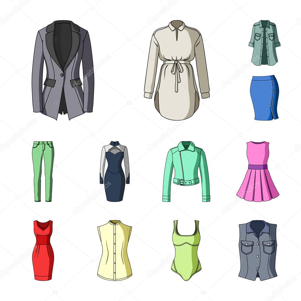 Women Clothing cartoon icons in set collection for design.Clothing Varieties and Accessories vector symbol stock web illustration.