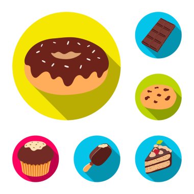 Çikolata tatlı düz simgeler set koleksiyonu tasarım için. Çikolata ve şekerleme vektör simgesi web illüstrasyon stok.