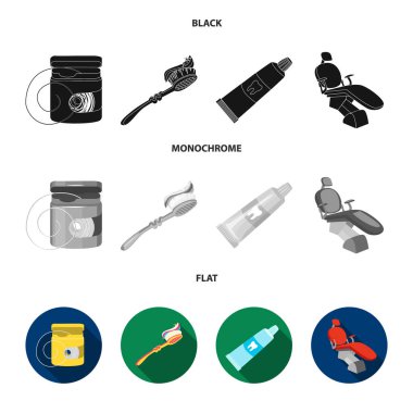 Diş ipi, diş fırçası, diş macunu, diş sandalye. Diş Bakımı toplama simgeler siyah, düz, tek renkli stil vektör simge stok çizim web içinde ayarla..