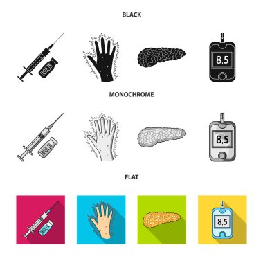 Şırınga insülin, pankreas, şeker ölçüm, diyabetik teslim. Diabet toplama simgeler siyah, düz, tek renkli stil vektör simge stok çizim web içinde ayarla..