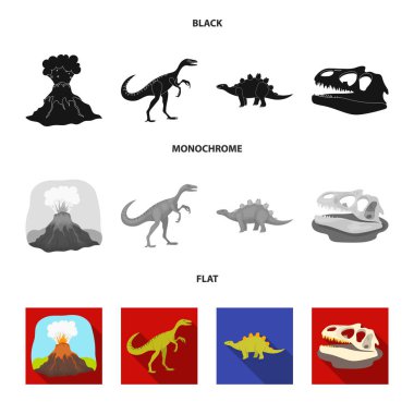 Volkanik patlama, gallimimus, stegosaurus, dinozor kafatası. Dinozor ve tarih öncesi dönem toplama simgeler siyah, düz, tek renkli stil vektör simge stok çizim web ayarla.