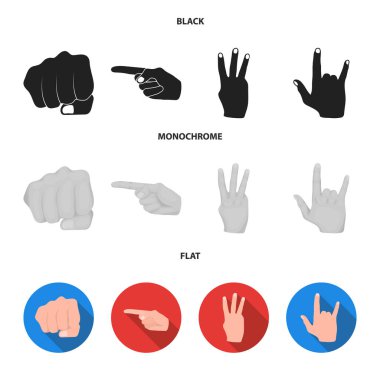 Kapalı yumruk, dizin ve diğer hareketleri. El hareketleri toplama simgeler siyah, düz, tek renkli stil vektör simge stok çizim web içinde ayarla..