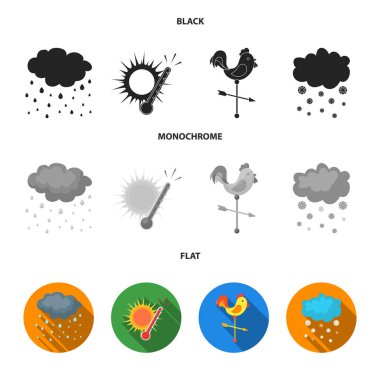 Yağmur, kar, ısı, weathervane. Hava toplama simgeler siyah, düz, tek renkli stil vektör simge stok çizim web içinde ayarla..