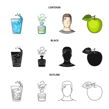 Bir bardak su, bir şişe alkol, terleme bir adam, bir elma. Diabeth toplama simgeler çizgi film, siyah, anahat stili vektör simge stok çizim web içinde ayarla..