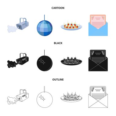Duman, twirling bir tatil top, sandviç bir tabak, bir tebrik kartı olan bir zarf ile bir video kamera. Etkinlik Hizmetleri toplama simgeler çizgi film, siyah, anahat stili vektör simge stok ayarla.