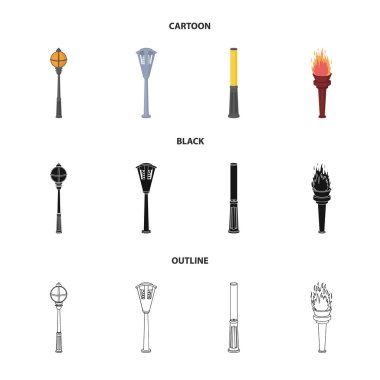 Retro tarzı, modern fener, meşale ve diğer tip-in sokak sokak lâmbası direği. Elektrik direği toplama simgeler çizgi film, siyah, anahat stili vektör simge stok çizim web içinde ayarla..