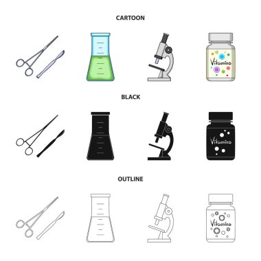 Vitaminler, bir şişesi bir çözüm ve diğer ekipmanlar ile bir banka. İlaç toplama simgeler çizgi film, siyah, anahat stili vektör simge stok çizim web içinde ayarla..