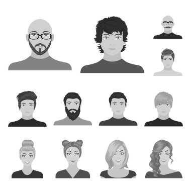 Avatar ve yüz tek renkli simgeler set koleksiyonu tasarım için. Bir kişi görünümü vektör simge stok web çizim.