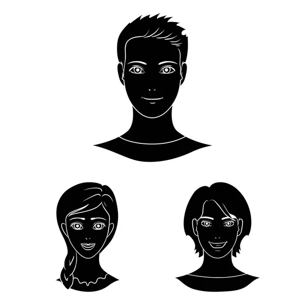 Set koleksiyonu tasarım için simgeler siyah avatar ve yüz. Bir kişi görünümü vektör simge stok web çizim. — Stok Vektör