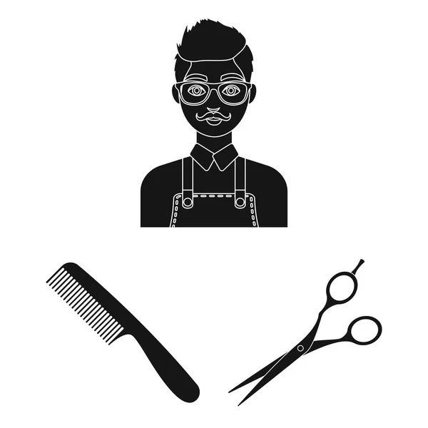 Berber ve ekipman set koleksiyonu tasarım için simgeler siyah. Saç kesimi ve tıraş sembol stok web illüstrasyon vektör. — Stok Vektör