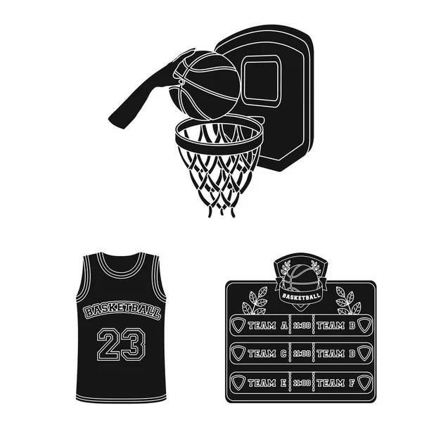 Baloncesto y atributos iconos negros en la colección de conjuntos para el diseño.Jugador de baloncesto y equipo vector símbolo stock web ilustración . — Archivo Imágenes Vectoriales
