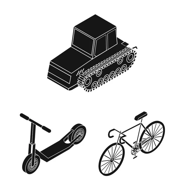 Diferentes tipos de iconos negros de transporte en la colección de conjuntos para el diseño. Coche y barco vector isométrico símbolo stock web ilustración . — Archivo Imágenes Vectoriales