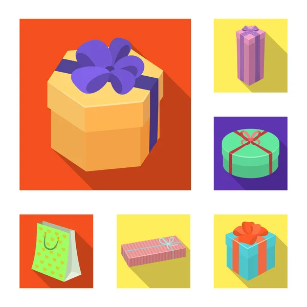 Iconos planos de regalo y embalaje en la colección del sistema para la ilustración de la tela del símbolo del vector del embalaje design.Colorful . — Vector de stock