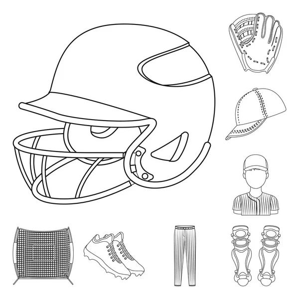 Honkbal en kenmerken overzicht pictogrammen in set collectie voor design. Honkballer en apparatuur vector symbool voorraad web illustratie. — Stockvector