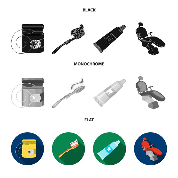 牙线, 牙刷, 牙膏, 牙科椅。牙科护理集图标黑色, 平面, 单色风格矢量符号股票插画网站. — 图库矢量图片