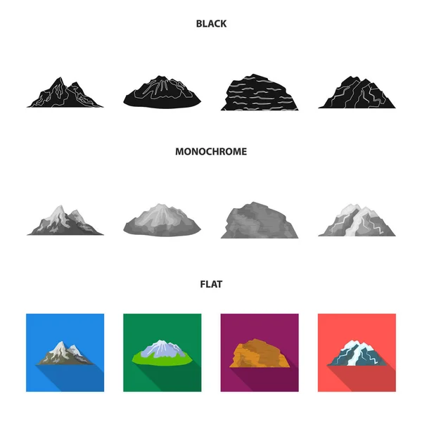 Berg i öknen, en snöig topp, en ö med en glaciär, en snöklädda berg. Olika bergen som samling ikoner i svart, platt, svartvit stil vektor symbol stock illustration web. — Stock vektor