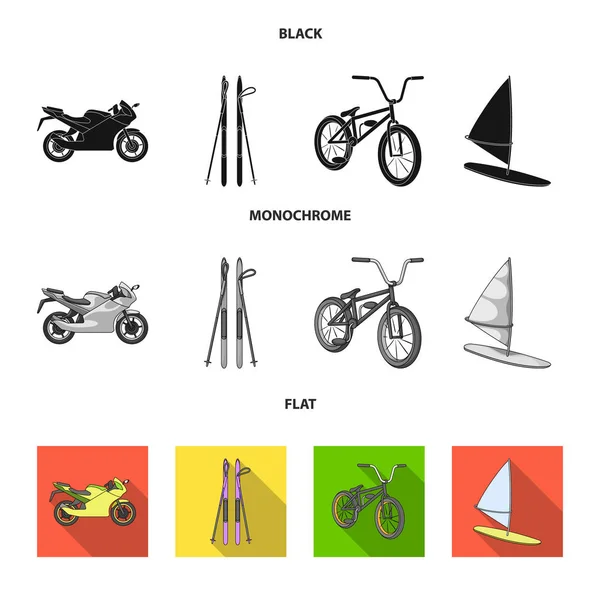 Motorka, hory, lyžování, cykloturistika, surfování s plachtou. Extrémní sport sada kolekce ikon v černé, plochý, monochromatický stylu vektor symbol skladem ilustrace web. — Stockový vektor