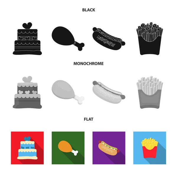 Kuchen, Schinken, Hot Dog, Pommes fries.Fast Food Set Sammlung Symbole in schwarz, flach, monochromen Stil Vektor Symbol Stock Illustration Web. — Stockvektor