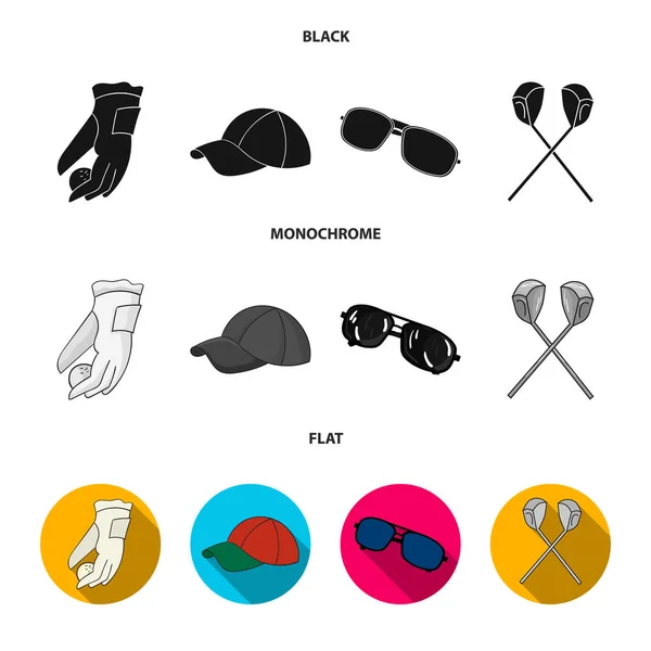 Перчатка для игры в гольф с мячом, красная кепка, солнцезащитные очки, два клуба. Гольф-клуб набор иконки коллекции в черном, плоском, монохромном стиле векторные символы фондового иллюстрации веб . — стоковый вектор