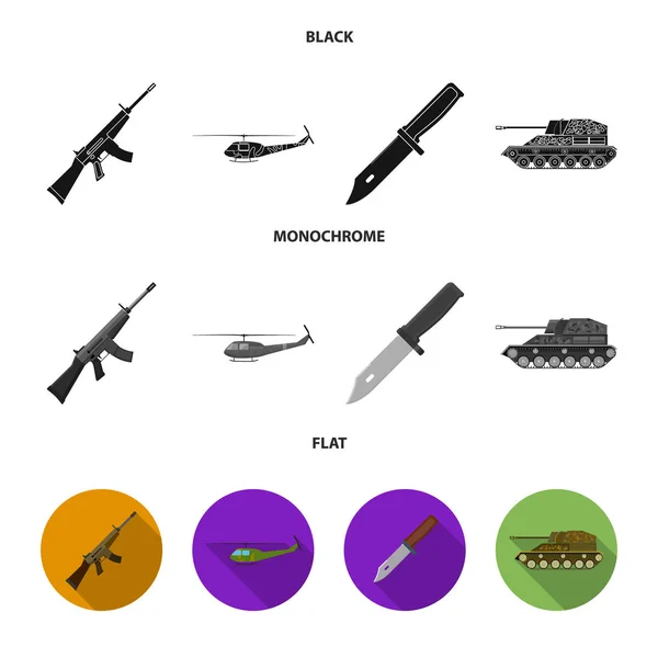 Fusil d'assaut M16, hélicoptère, char, couteau de combat. Ensemble militaire et armée icônes collection en noir, plat, monochrome style vectoriel symbole illustration web . — Image vectorielle